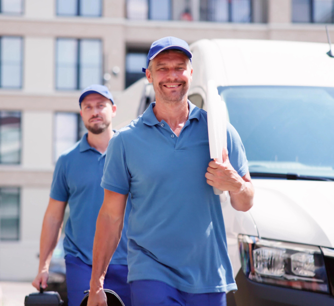 Two men smiling working together