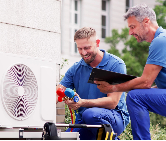 Two men installing air conditioner